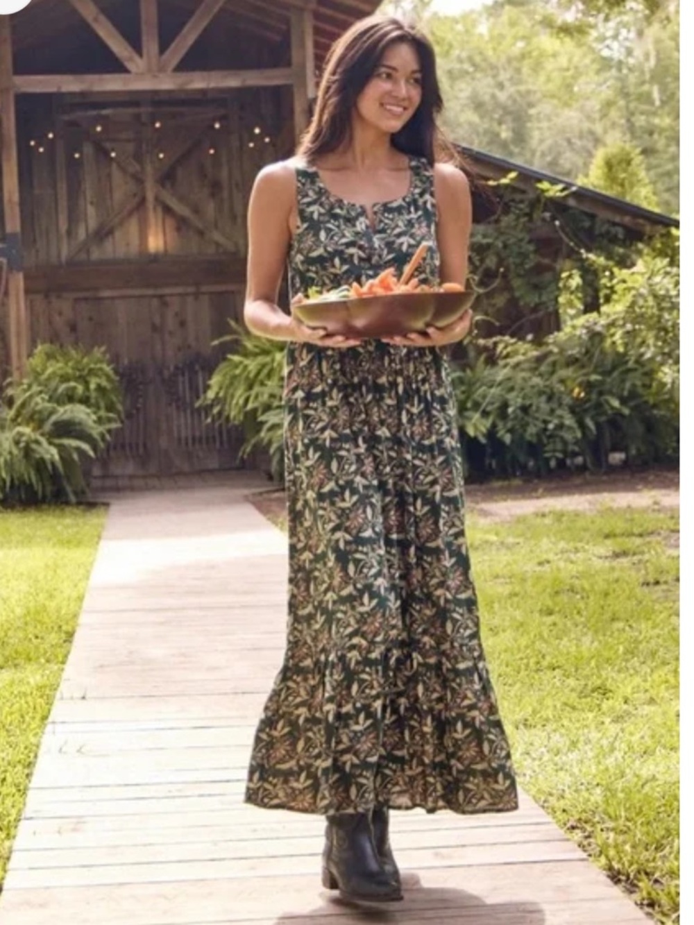 Natural life Paige dress size small deep green maxi tank dress boho floral